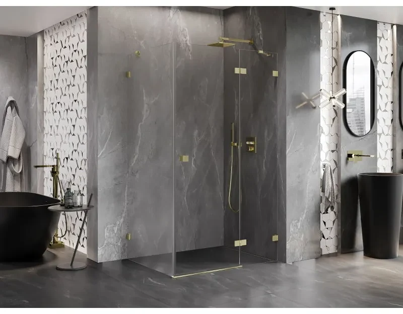 Mexen Lunar, výklopný sprchový kút pravý 100 x 90 cm, 8mm číre sklo, zlatý kartáčovaný - 834-100-090-55-00-P