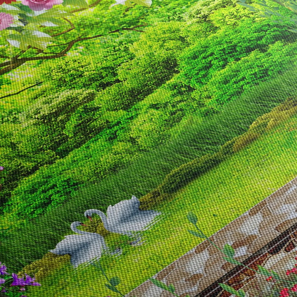 Obraz - Čarovná záhrada s labuťami (90x60 cm)