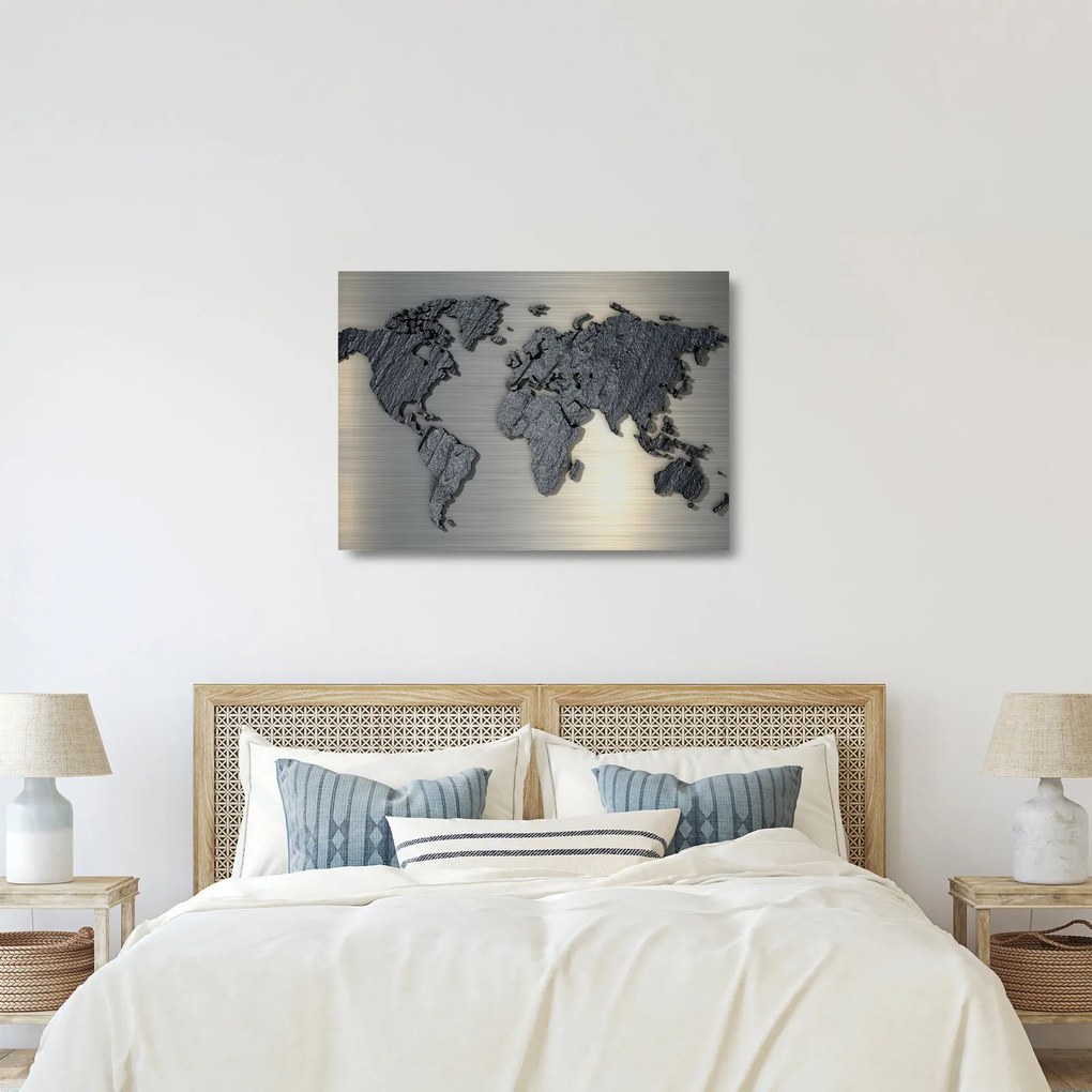 Sklenený obraz - Mapa sveta v kamennej textúre (70x50 cm)