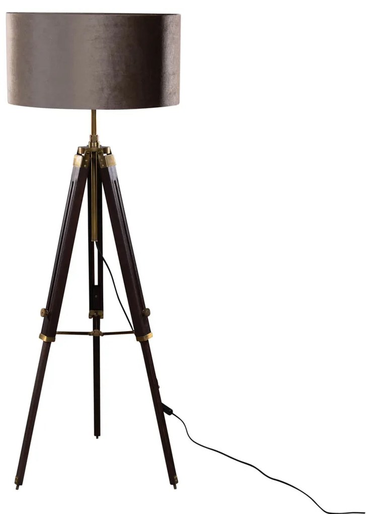 Mosadzná stojaca lampa na trojnožke s tienidlom zo sivého zamatu 50 cm - Cortin