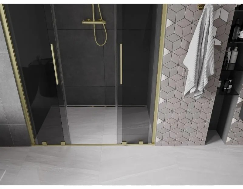 Mexen Velar L Duo, posuvné sprchové dvere do otvoru 140 cm, 8mm šedé sklo, zlatá matná, 871-140-003-42-55