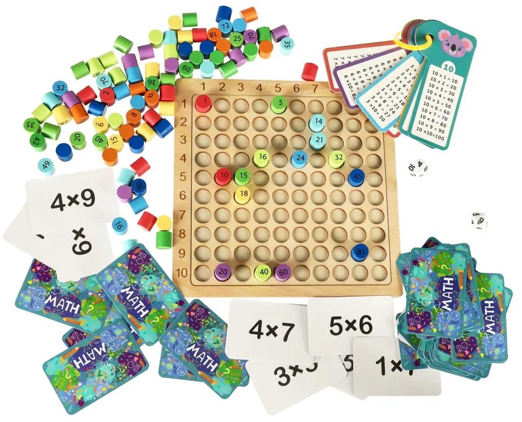 KIK Drevená vzdelávacia tabuľka násobenia – farebné krúžky, 100 dielov, 3+