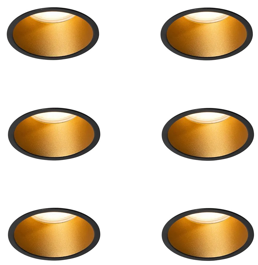 Set van 6 moderne inbouwspots zwart met goud GU10 70mm IP44 - Dept