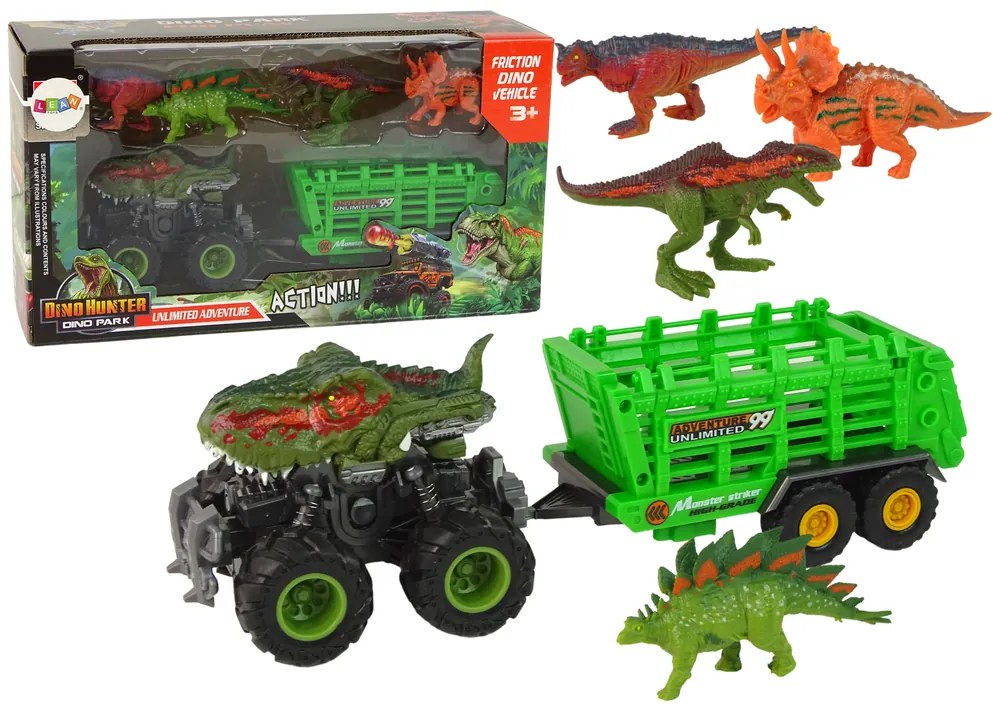 Lean Toys Zelené vozidlo s prívesom a motívom Dinosaura - 4 kusy dinosaura