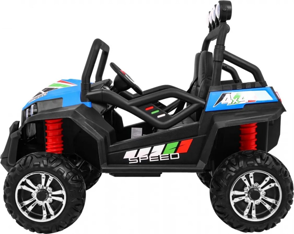 Ramiz Terénna bugina pre deti modrá + pohon 4x4 + diaľkové ovládanie + nosič batožiny + rádio MP3 + LED
