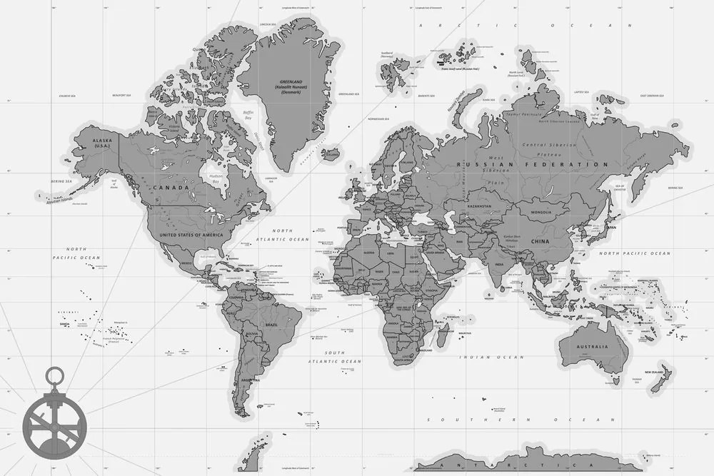 Obraz na korku štýlová mapa s kompasom v čiernobielom prevedení