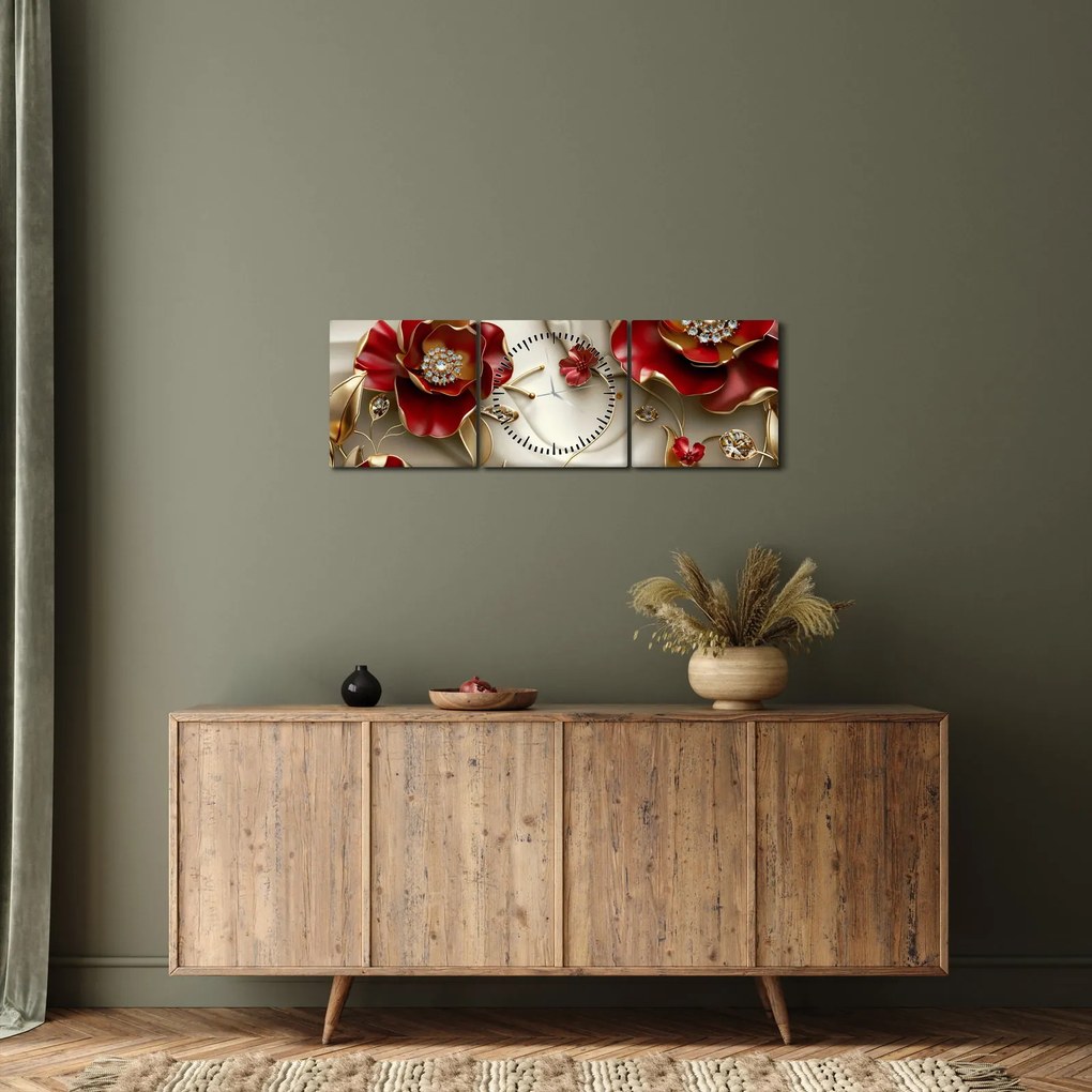Obraz - 3D Červeno-zlaté kvety (s hodinami) (90x30 cm)