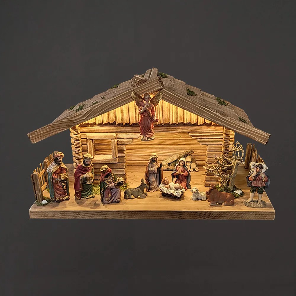 AMADEA Drevený osvetlený betlehem BEZ FIGÚROK 42 cm, český výrobok