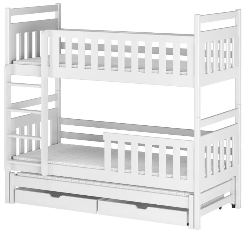 Detská poschodová posteľ z masívu borovice KLÁRA s prístelkou a šuplíkmi - 200x90 cm - BIELA