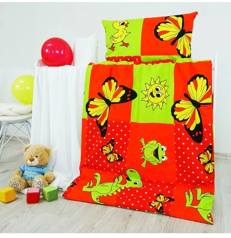 Obliečky detské bavlnené zvieratká červené EMI, Detský set 90x130 + 45x65