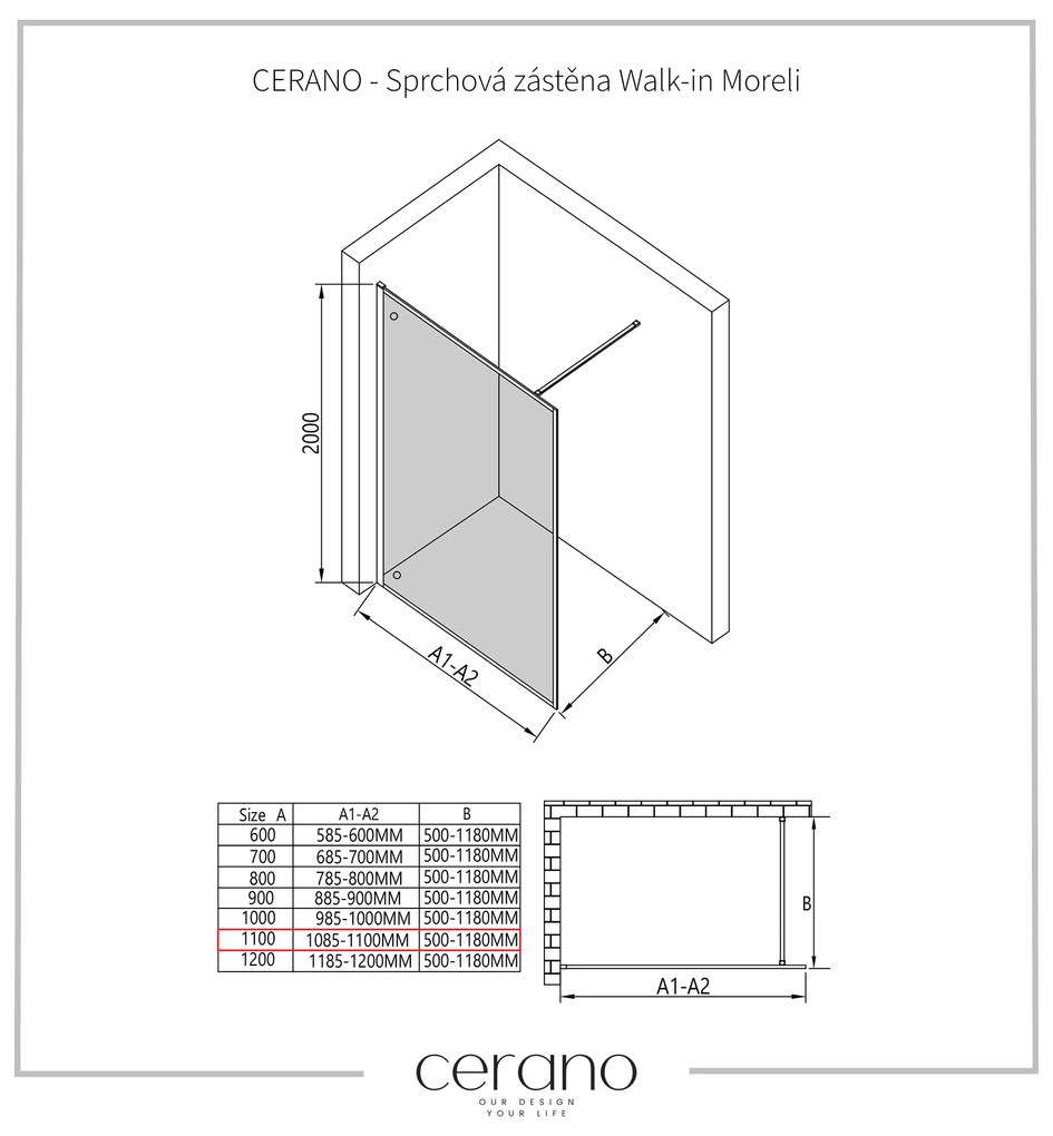 Cerano Moreli, sprchová zástena 110x200 cm, 8mm číre sklo, čierny profil, CER-CER-417617