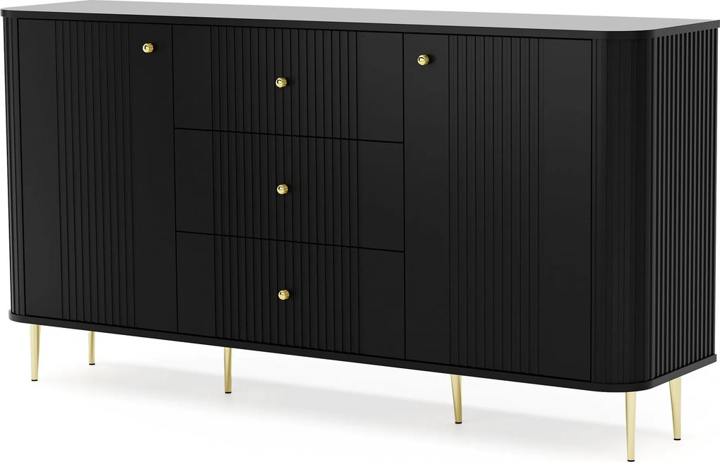 Komoda so zásuvkami Vesper 160 cm na nožičkách - čierna / zlaté nohy