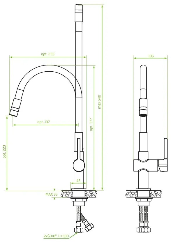 Laveo Alita, stojanková drezová batéria s elastickým ramenom, 2-funkčný výtok, čierna matná-brúsená oceľ, LAV-BVA_362D