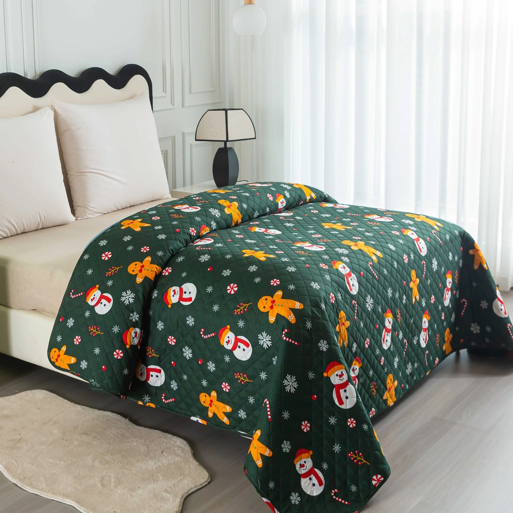 Prehoz na posteľ SNOWMAN AND GINGERBREAD, zelený Rozmer: 170 x 210 cm