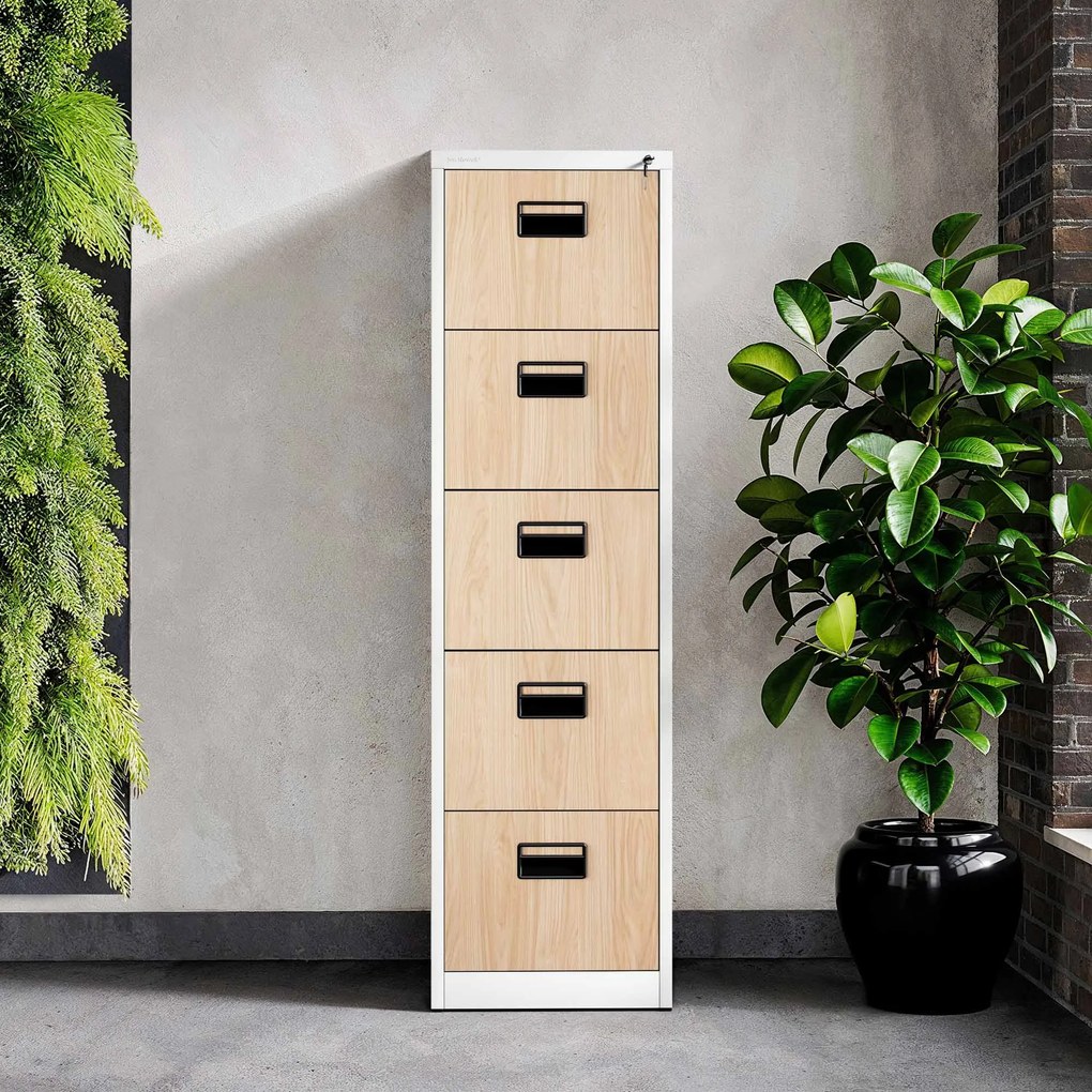 Kovová kartotéka, 5 zásuviek SARA V5, 460 x 1630 x 620 mm, Eco Design: biela/ dub sonoma