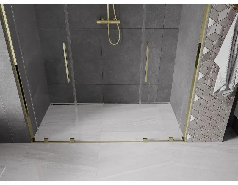 Mexen Velar L Duo, posuvné sprchové dvere do otvoru 180 cm, 8mm číre sklo, zlatá lesklá, 871-180-003-02-50