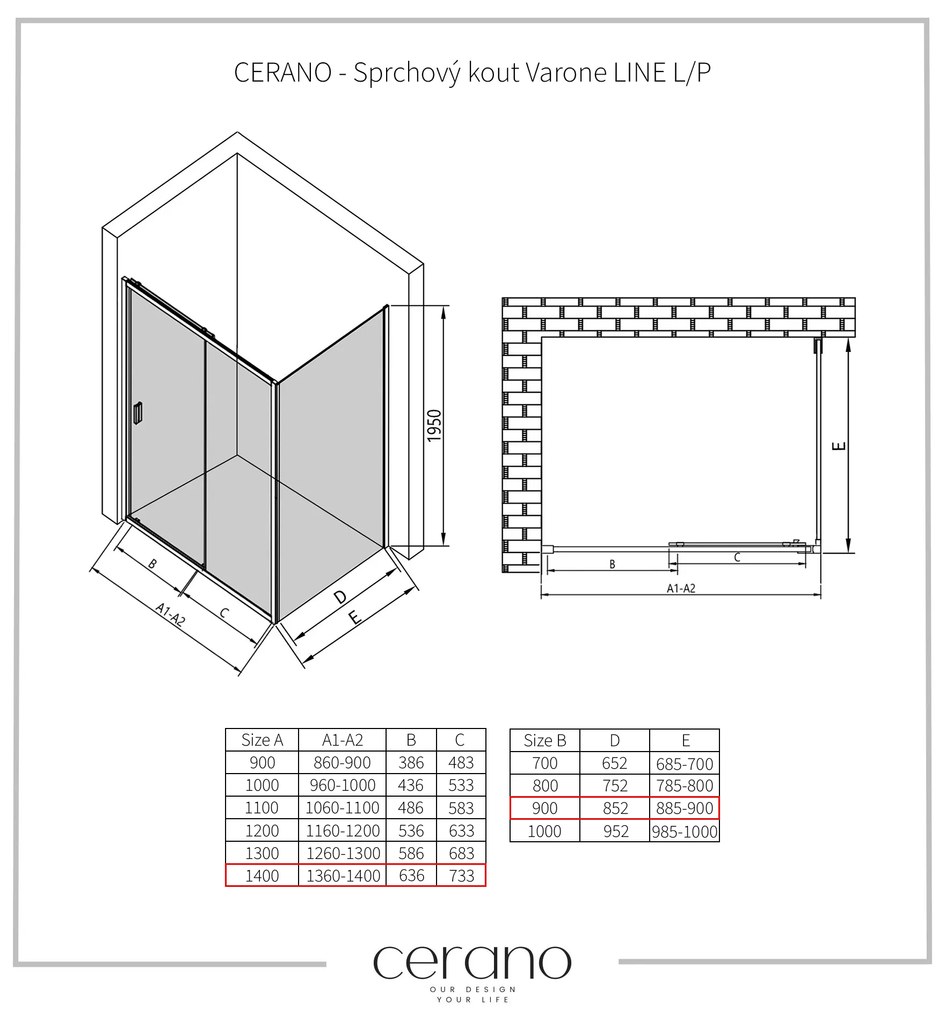 CERANO - Sprchovací kút Varone LINE L/P - čierna matná, grafitové sklo - 140x90 cm - posuvný, CER-CER-8050BD7230