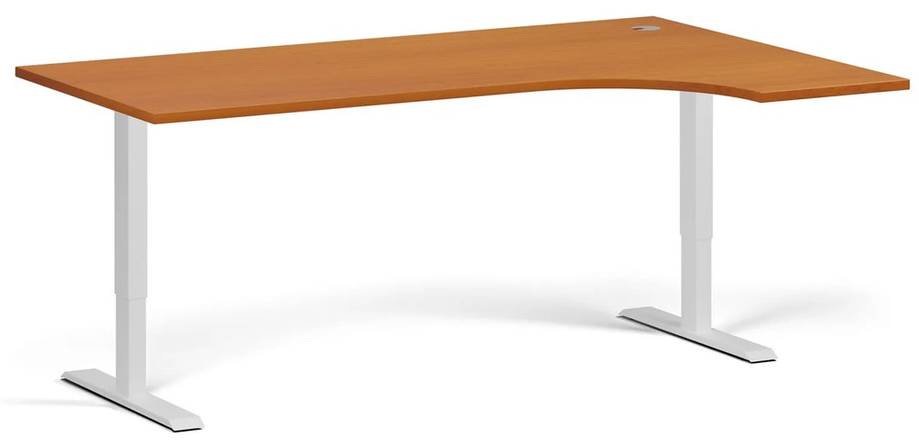 Rohový výškovo nastaviteľný stôl, 180x120 cm, 2 motory, L/P, biela podnož, čerešňa