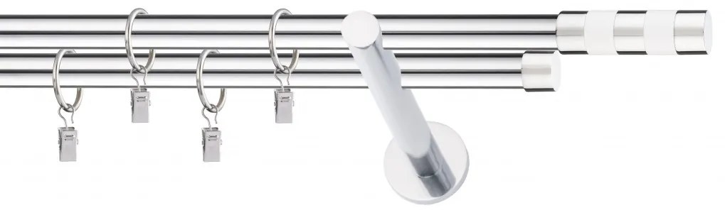 Dekorstudio Chrómová dvojradová garniža biely VALEC 19mm Dĺžka: 180cm, Typ uchytenia: Držiak dvojitý modern, Typ príslušenstva: Krúžky tiché so štipcami