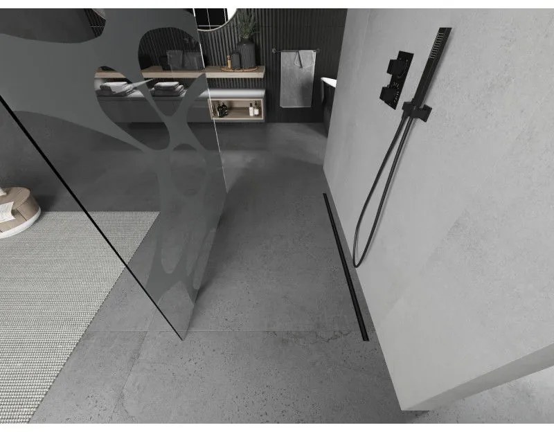 Mexen Kioto, priechodná sprchová zástena 140 x 200 cm, 8mm sklo číre/biely vzor, 2x čierna stabilizačná rozpera, 800-140-002-70-97