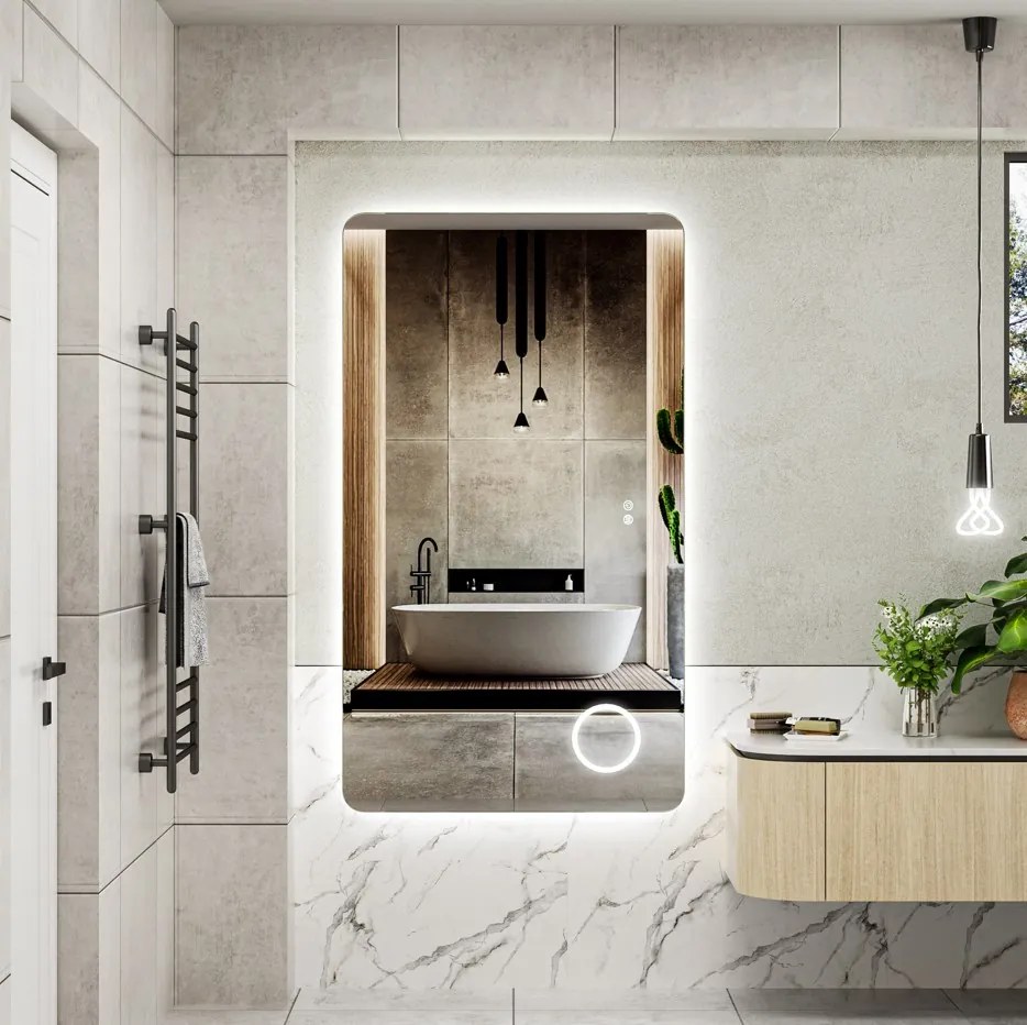 Erga Myra, LED zrkadlo 140x80 cm s kozmetickým zrkadlom 3x zväčšenie, 5082 lm, 3 farby svetla, zadné osvetlenie, ERG-V01-MYRA-1480-00