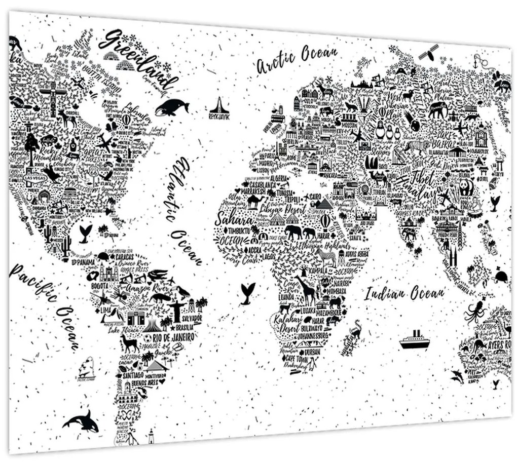 Sklenený obraz - Mapa z piktogramov (70x50 cm)