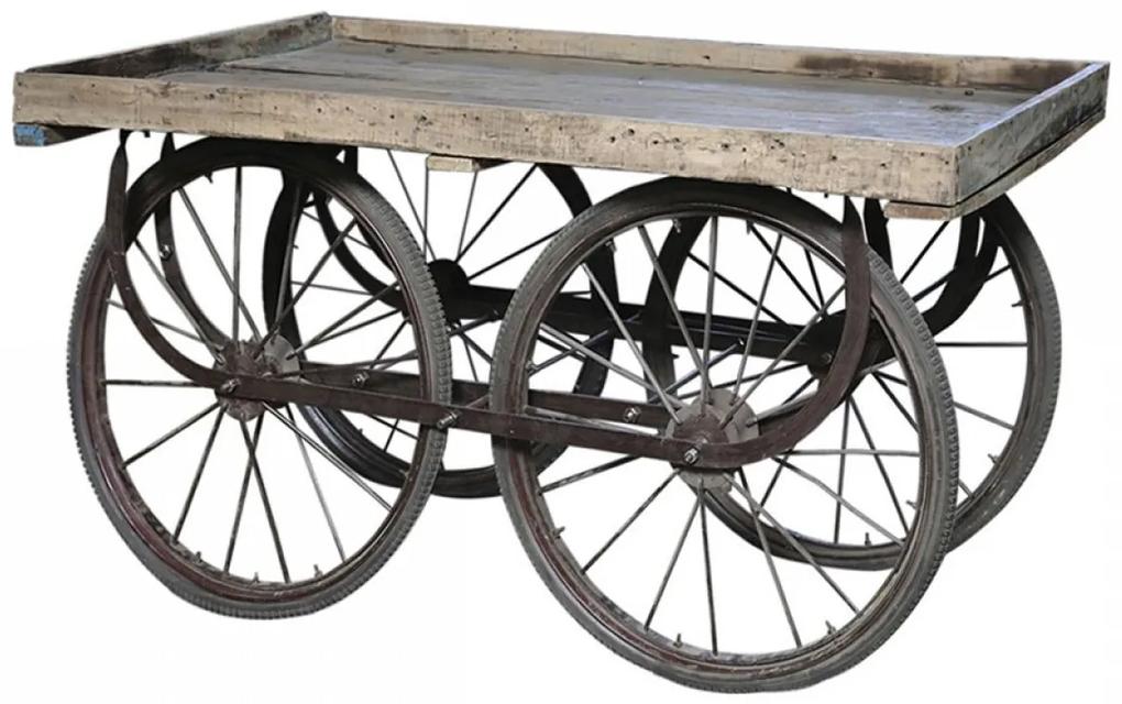 Retro kovový vozík na veľkých kolesách s drevenou doskou Old Cart - 144*70*79cm