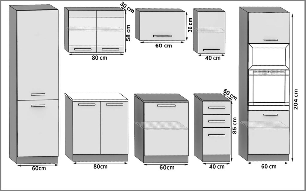 Kuchynská linka Belini 300 cm biely lesk s pracovnou doskou Syntka2 INF SYNTKA2/5/WT/W/0/B1