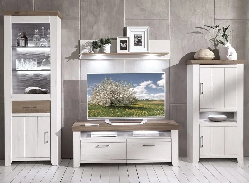 Obývacia stena Cruz, kombi, bielená pínia/šedý dub