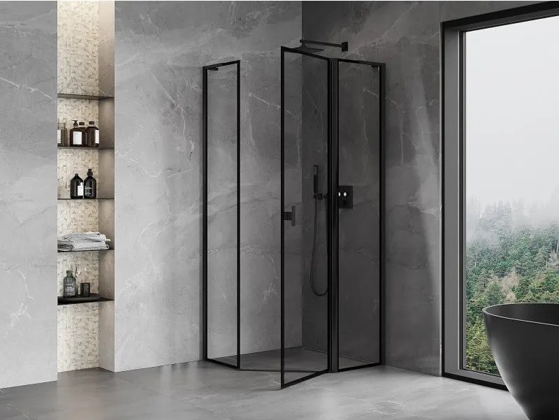 Mexen Mist L, päťuholníkový sprchový kút s krídlovými dverami, 90 x 90 cm, 8mm číre sklo, čierny profil, 8A8L-090-090-70-70-P