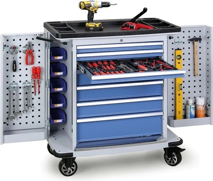 Pojazdný dielenský vozík na náradie EXPERT, 7 zásuviek, 1030 x 900 x 530 mm, sivá