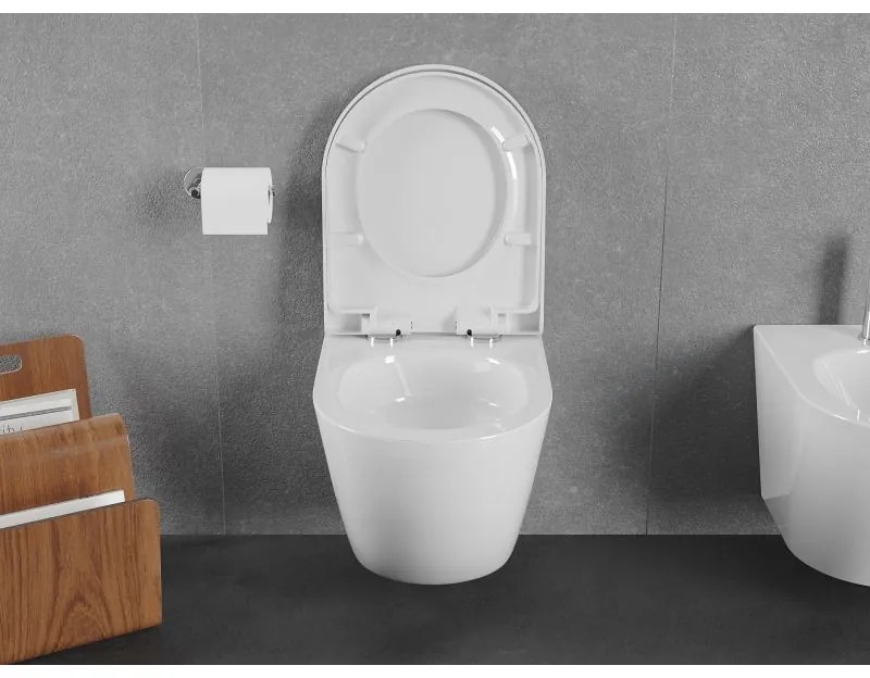 Mexen Lena, závesná WC misa 490x360x340 mm, Rimless Tornádo + toaletné WC sedadlo z duroplastu, biela lesklá, 30220200T
