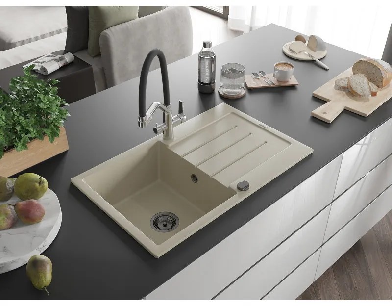 Mexen Bruno, 1-komorový granitový drez 795x495x200 mm a drezová batéria Duo, béžová, 6513-69-671701-07-B