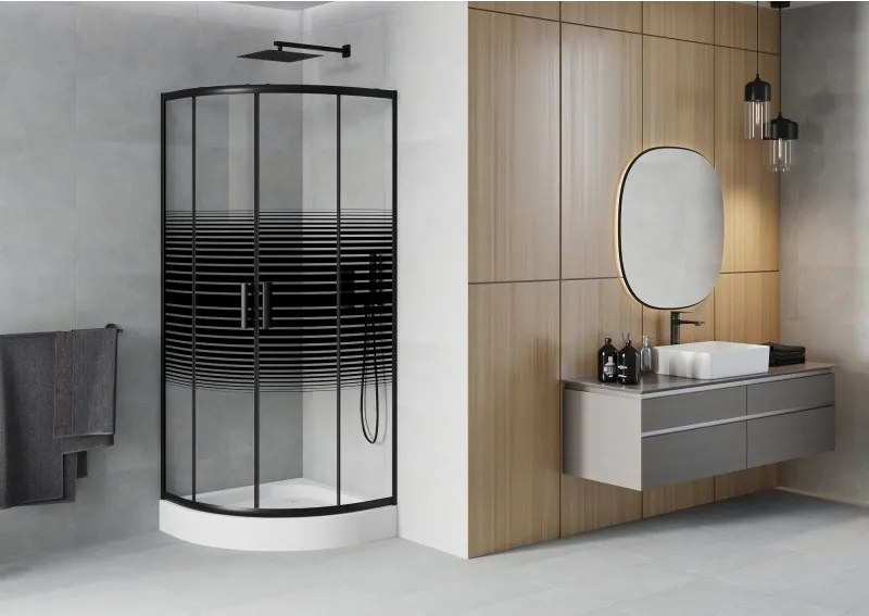Mexen Rio polkruhový sprchovací kút 70 x 70 cm, čierne pásy, čierna + sprchová vanička, biela - 863-070-070-70-20-4710