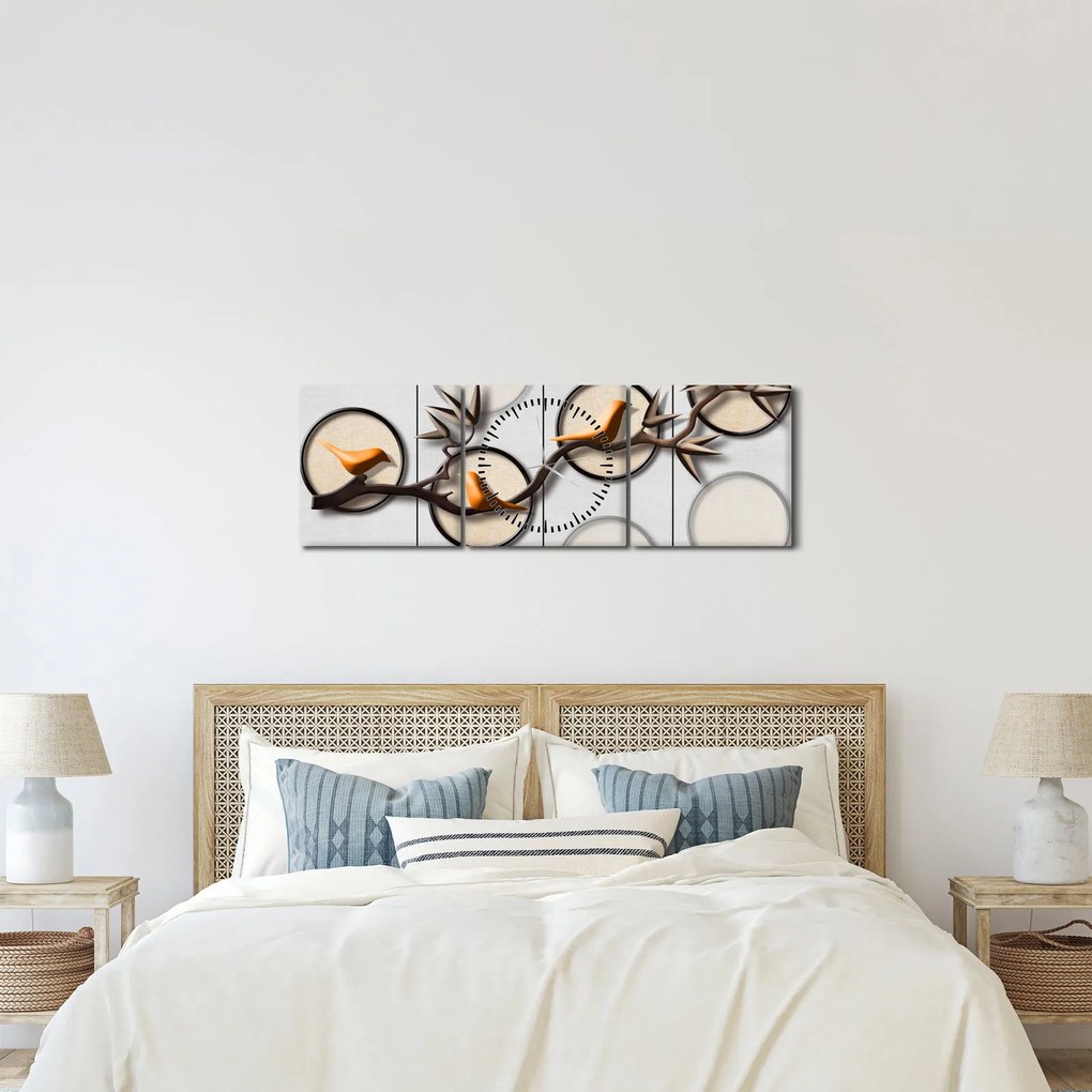 Umelecký obraz - Vtáčiky na vetve (s hodinami) (90x30 cm)
