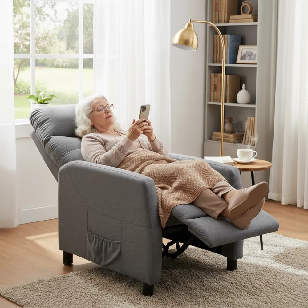 Relaxačné polohovateľné TV kreslo MODO — látka, sivá, nosnosť 130 kg