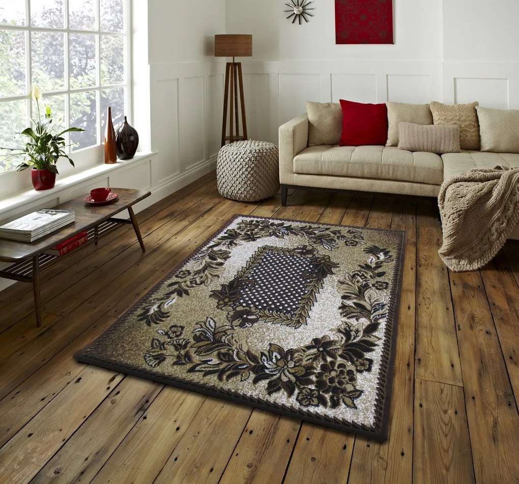 DY Hnedý koberec s kvetinovým vzorom Alfa 01 Rozmer: 180x350 cm