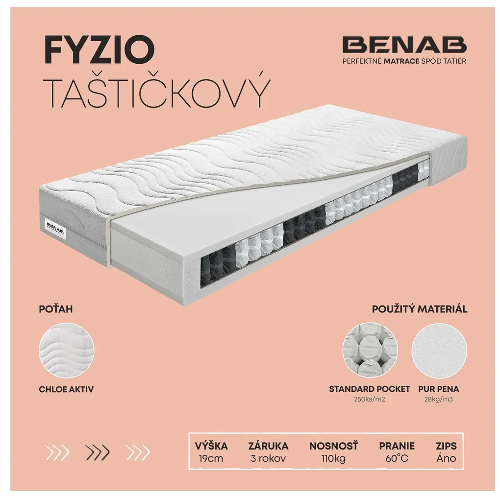 Taštičkový matrac Benab Hefaistos Taštičkový  200x180 cm (T2). Kvalitný matrac slovenskej výroby, ktorý dokonale kopíruje tvar ľudského tela, so zvýšeným ortopedickým efektom, prateľným poťahom a vrstvou z kokosu. 763087