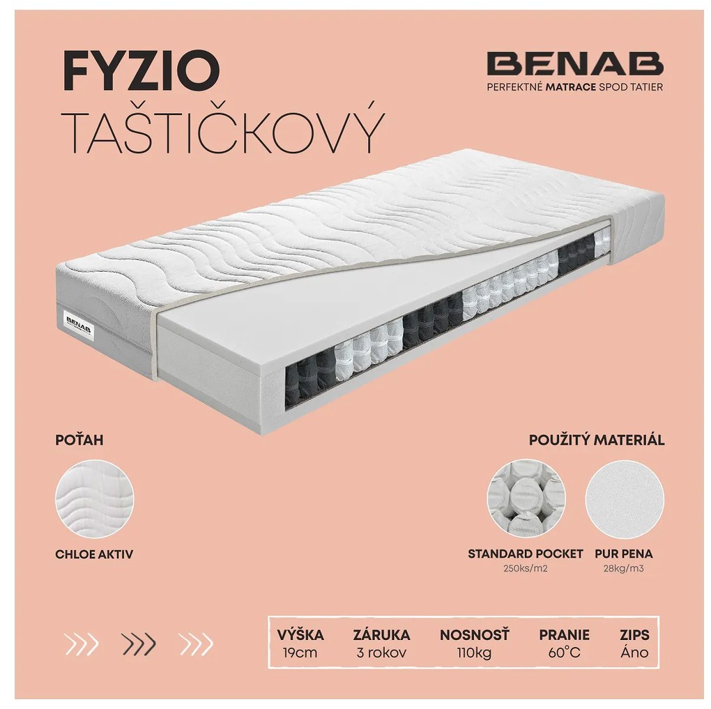 Taštičkový matrac Benab Hefaistos Taštičkový 200x80 cm (T2). Kvalitný matrac slovenskej výroby, ktorý dokonale kopíruje tvar ľudského tela, so zvýšeným ortopedickým efektom, prateľným poťahom a vrstvou z kokosu. 763295