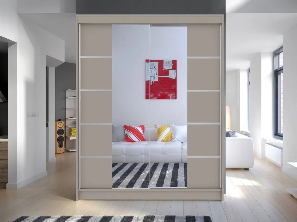 Posuvná skriňa Belgia V, Farby: čierna / biela + zrkadlo, Osvetlenie: osvetlenie LED RGB - farebné