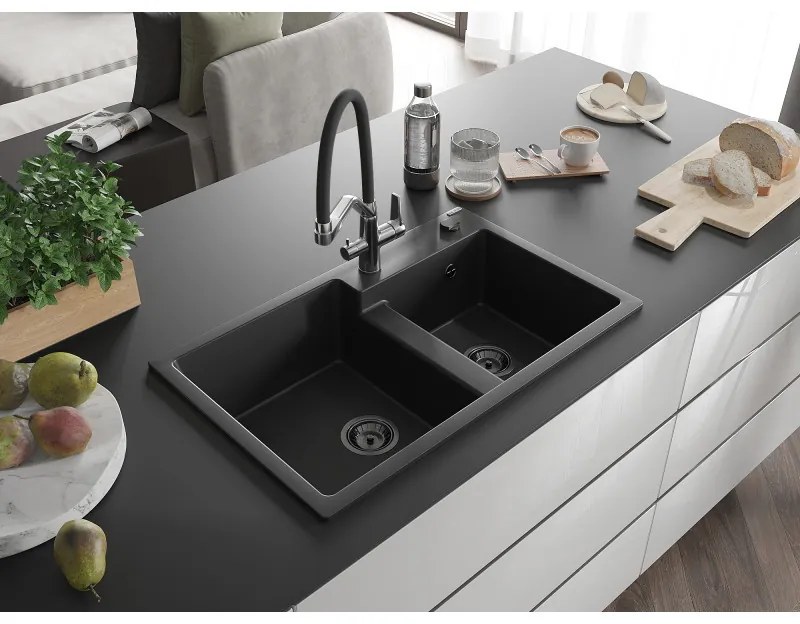 Mexen Tomas, 2-komorový granitový drez 800x500x190 mm a kuchynská batéria Duo, čierna, 6516-77-671701-07-B