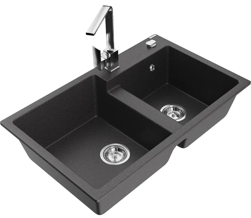 Mexen Tomas, granitový drez 800x500x190 mm, 2-komorový a chrómová batéria Rita, čierna škvrnitá, 6516-76-670300-00