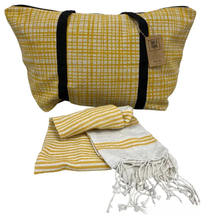 Štýlový set plážovej tašky + osušky HAMAM 75x150 cm, okrovo žltý