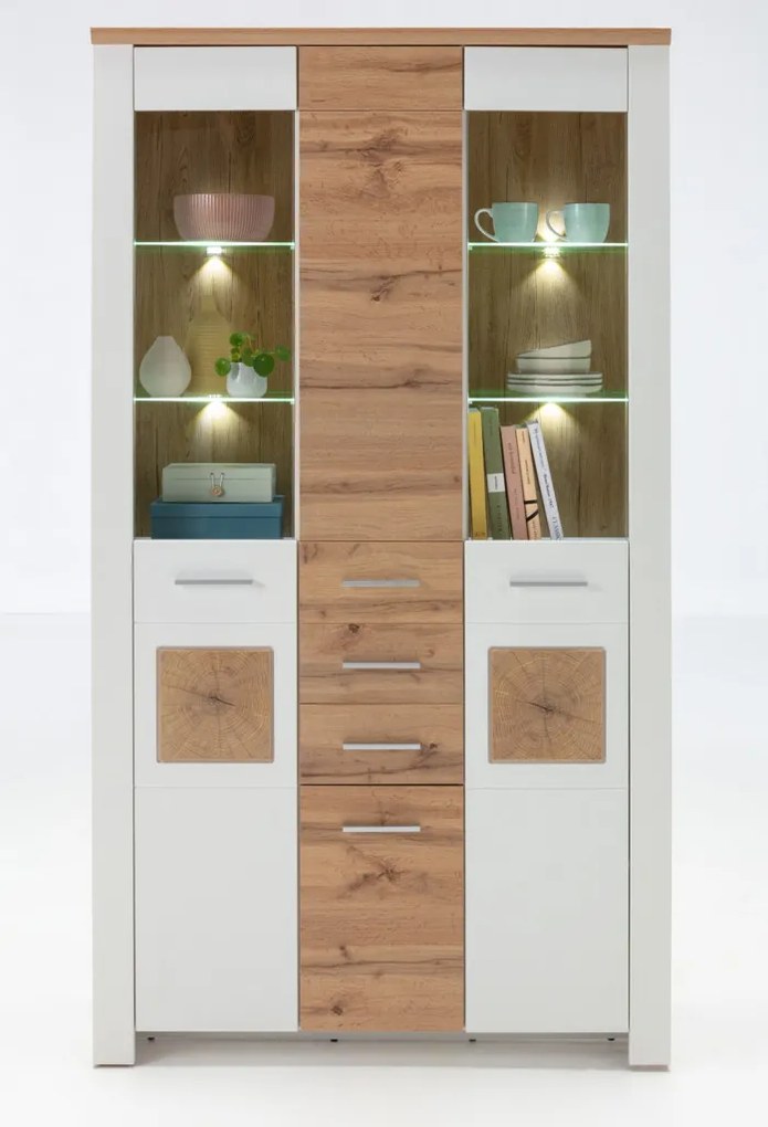 Široká vitrína s osvetlením Matera,starý dub/biela