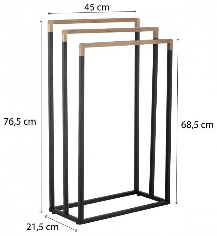 Erga Kona, trojramenný vešiak na uteráky 45x21,5x76,5 cm, čierna matná-hnedá, ERG-YKA-P.KONA-3-BLK