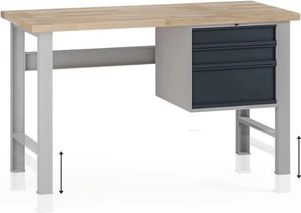 Výškovo nastaviteľný dielenský stôl G7, buková škárovka, 1500 x 800 x 840-1040 mm, 1x kontajner, 3 zásuvky, grafit