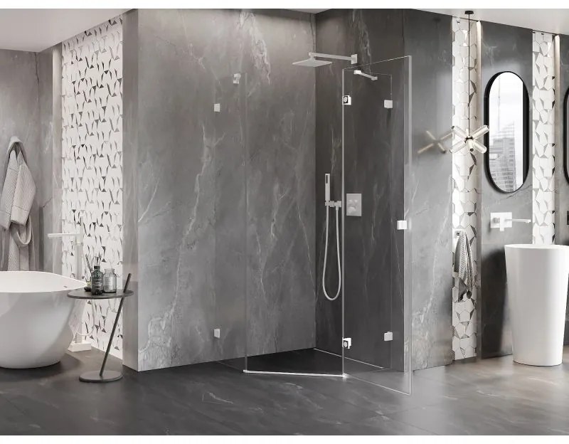 Mexen Lunar, pravý výklopný päťuholníkový sprchový kút 90 x 90 cm, 8mm číre sklo, biely profil, 831-090P-090L-20-00-P