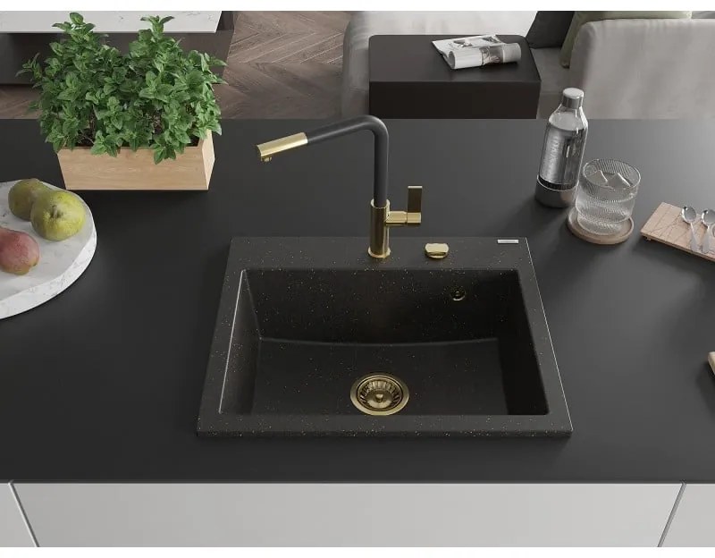 Mexen Oscar, 1-komorový granitový drez 580x490x205 mm, čierna-zlatá metalíza, 6519581000-75-G