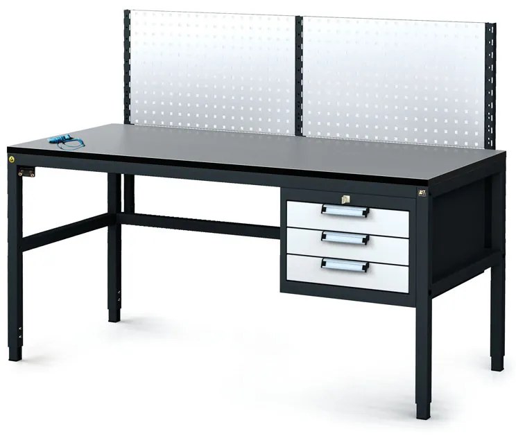 Antistatický dielenský ESD stôl s perfopanelom, 3 zásuvkový box na náradie, 1600x800x745-985 mm