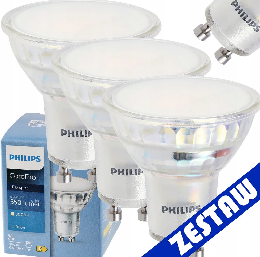 SADA 3x žiarovka Philips GU10 4,9W 550lm 112lm/W 3000K EyeComfort CorePro